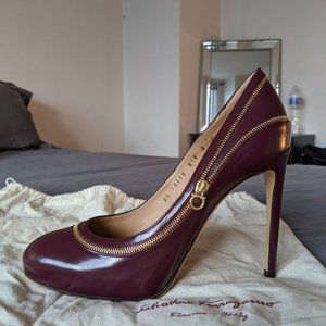 Ferragamo Burgundy Leather Zipper Seam Rory Heels